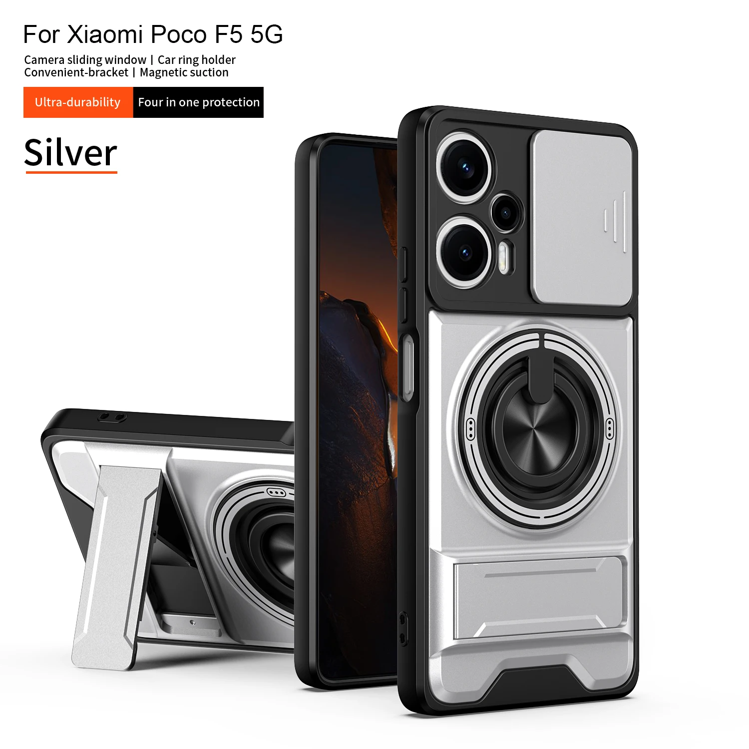 Pancerne etui na telefon Xiaomi Poco F5 5G z przesuwaną osłoną aparatu, wbudowanym magnetycznym pierścieniem i…