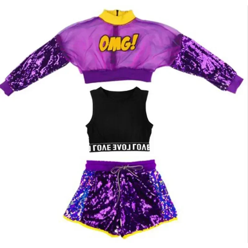 Girls Jazz Stage Sequins Girls Jazz Dance Costume Girls 3-piece Street Dance Performance Costume