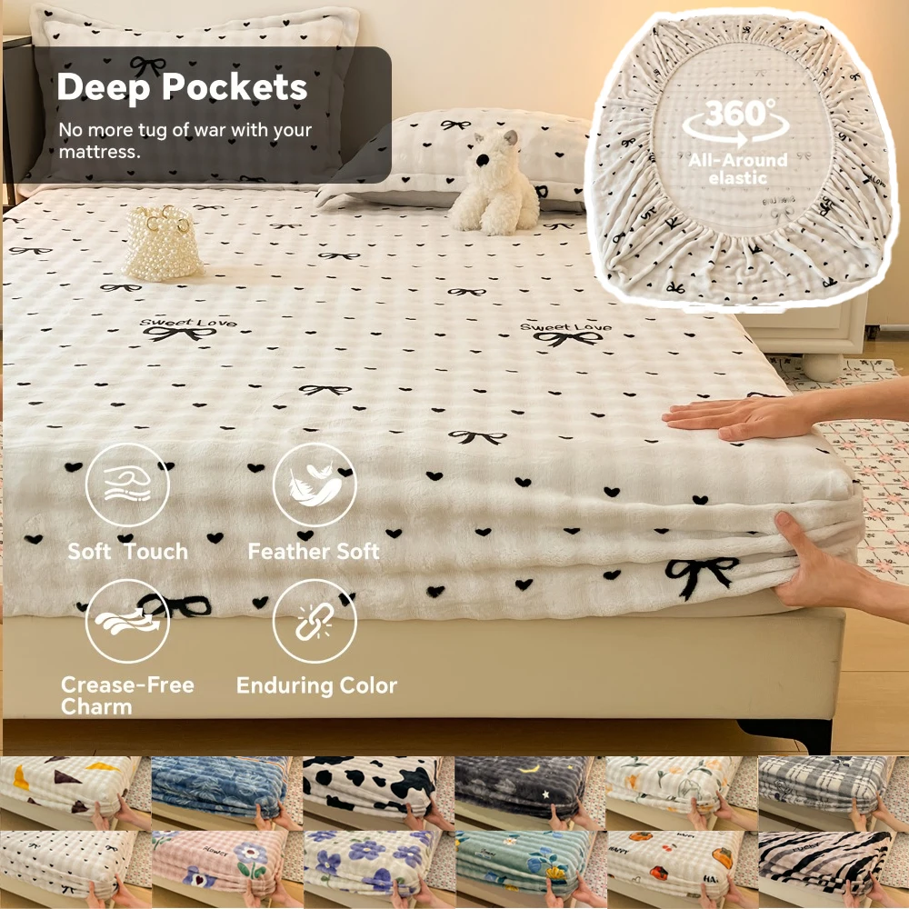 

High Quality Milk Velvet Printed Fitted Sheet Single Thick Faux Rabbit Fur Mattress Protector Warm Bed Cover for Autumn Winter