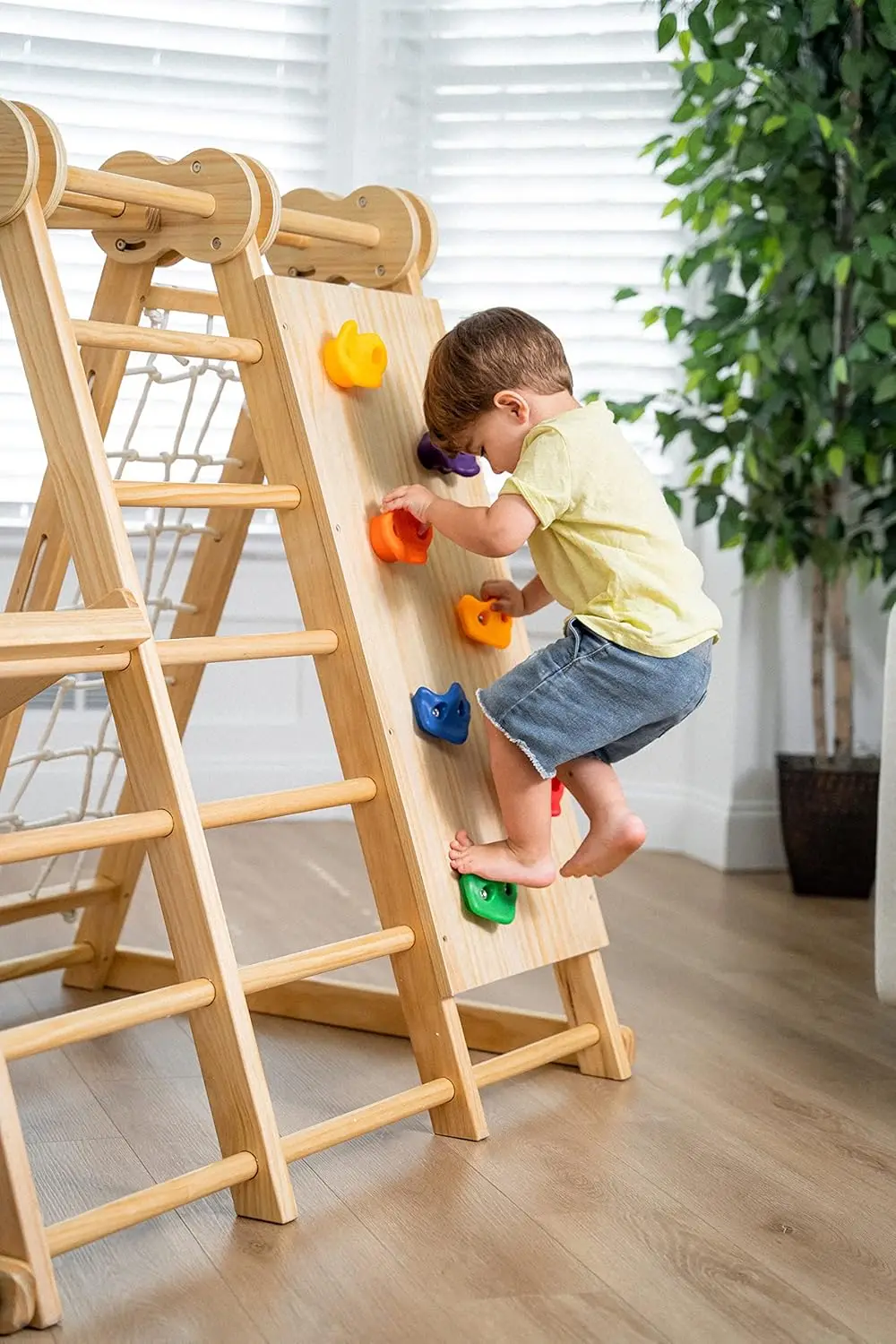 Ensemble de jeu d'intérieur 7 en 1 pour enfants de 2 à 6 ans avec toboggan, mur d'escalade, échelle, filet, barres, balançoire, anneau