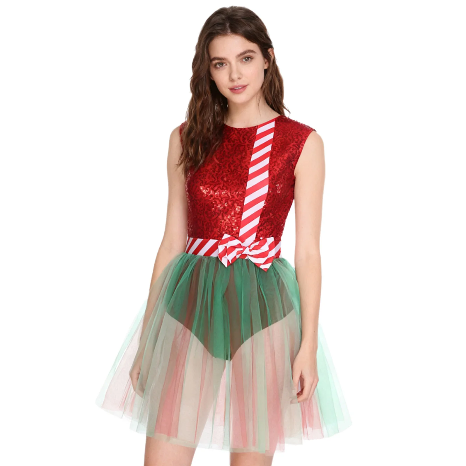 Womens Christmas Elf Costume Sequins Sleeveless Waist Bow Back Leotard Dress Holiday Party Wear for Special Occasion Festival view 3