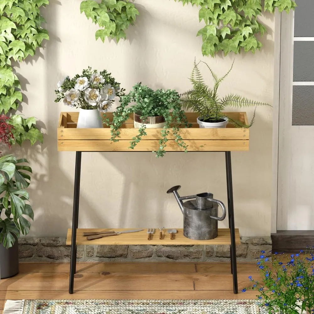 BAMBANG-Support de plante en bambou pour intérieur, table de plantes hautes en bois à 2 niveaux, étagère à plantes de rebord de fenêtre, support à fleurs