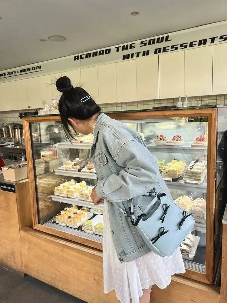 Bloom Hot Girls Y2k Hand Purse Female Sweet Cool Bow Handle Blue Bucket Bag Women Haruku Aesthetic Casual Crossbody Bags