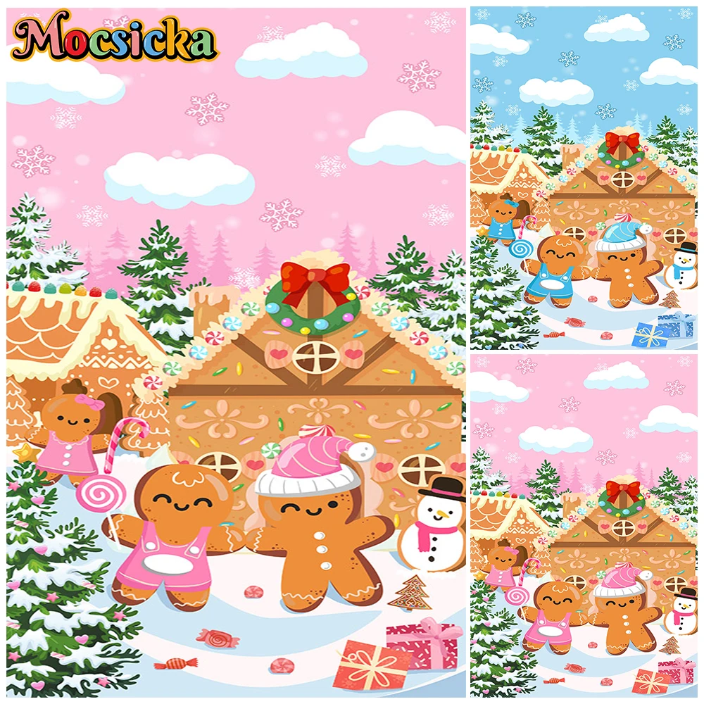 Mocsicka Pink Blue Christmas House Backdrop Gingerbread Man Baby Shower Xmas Tree Banner Gender Reveal Photography Backgrounds