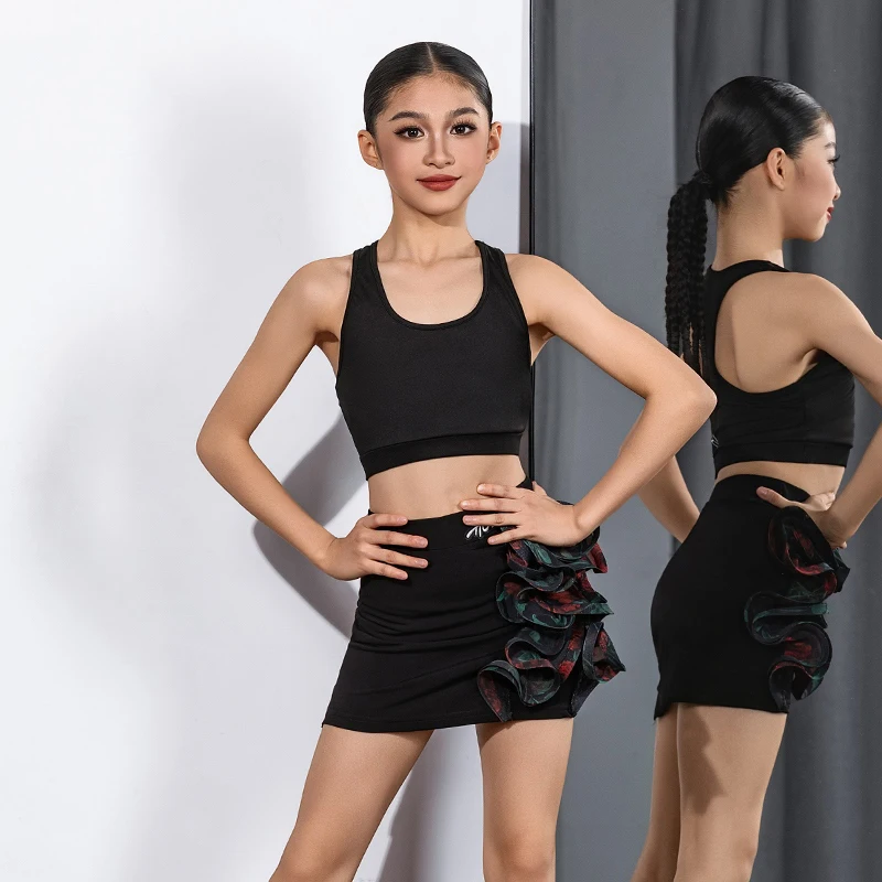 

2025 детская одежда для соревнований по латинским танцам для девочек, черный жилет, юбки с разрезом, наряды, костюмы для латинских танцев чача-румба, DQS20242