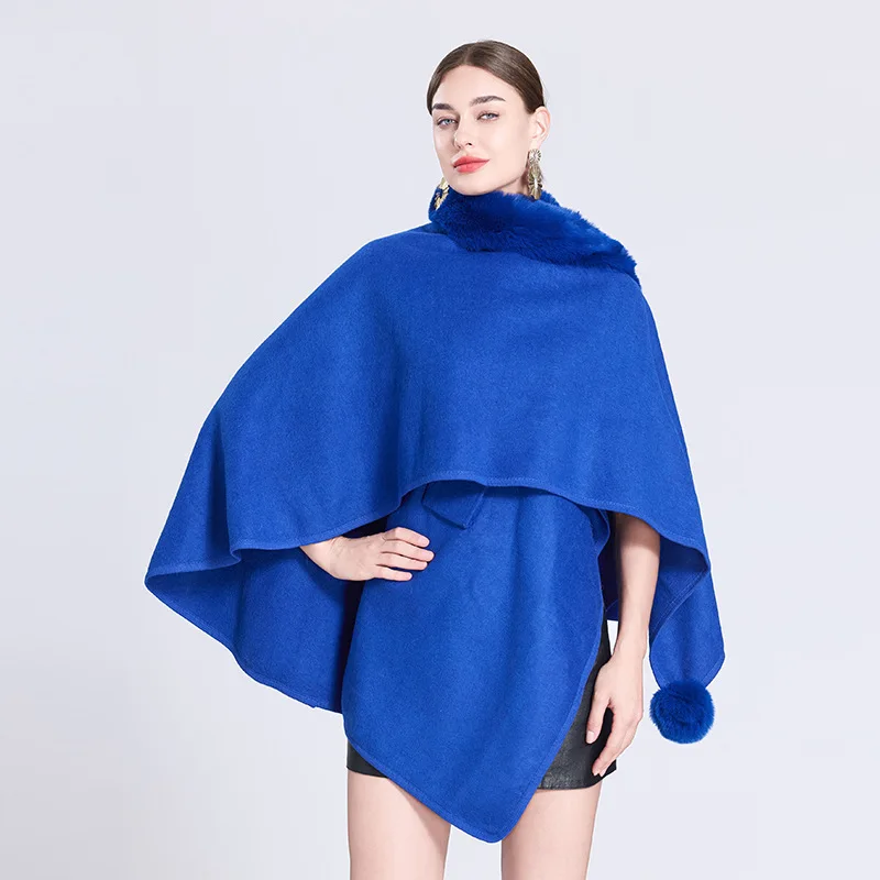 Solidne, nieregularne peleryny damskie, eleganckie łączenia, włochaty kołnierz, dziergany płaszcz, średniej długości szal, kurtka, jesienno-zimowe, grube, ciepłe szale.