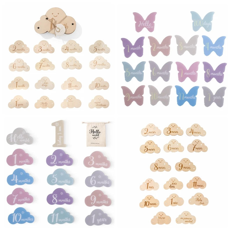 Baby Wooden Milestone grow commemorate 0-12Month Newborn Number Cartoon design Photogroph Accessories Infant Grow Souvenir Cards