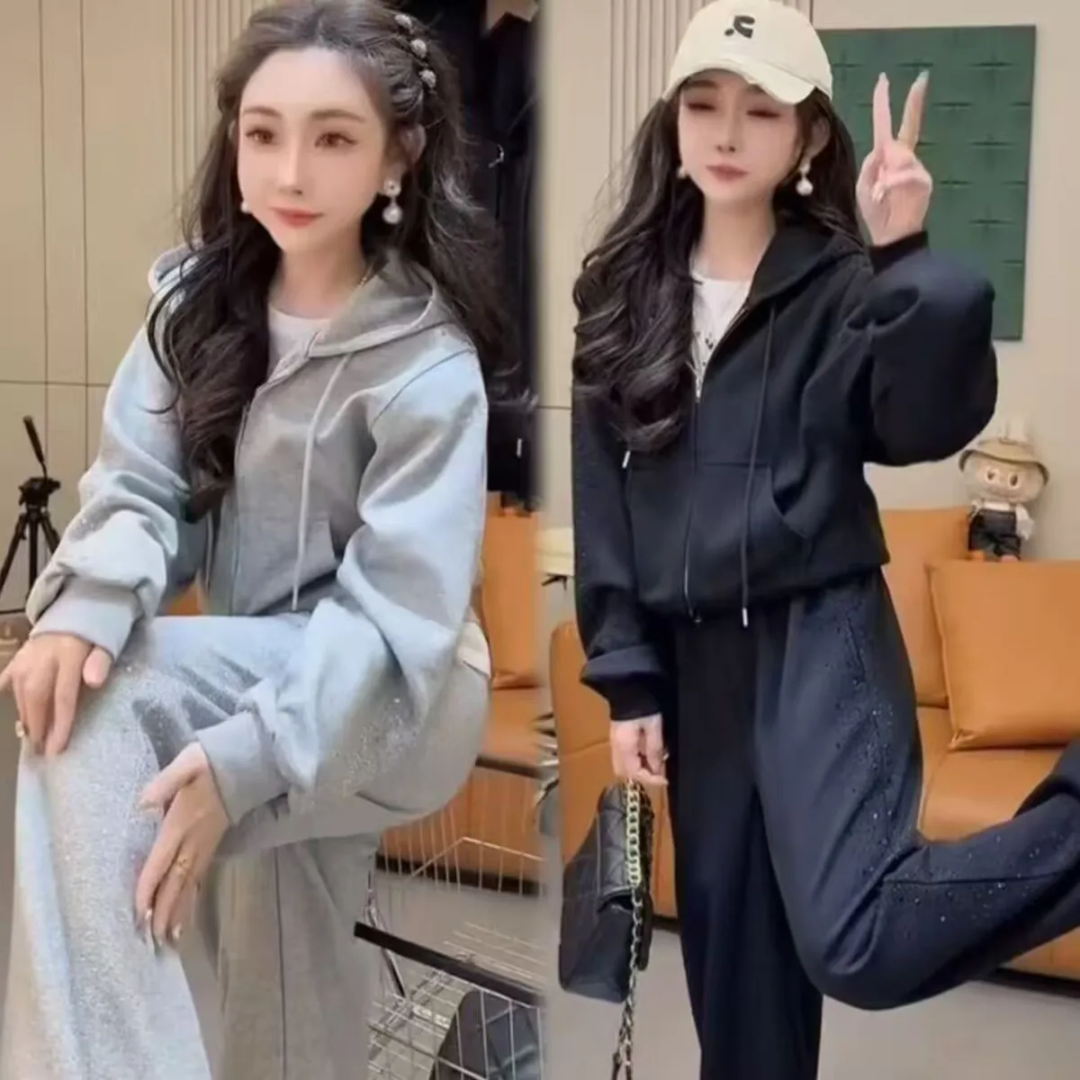 Casual Sportswear Set Women's Spring Autumn Diamond Embedded Fashion Two-Piece Cotton Slant Patterned Mock Sweatshirt