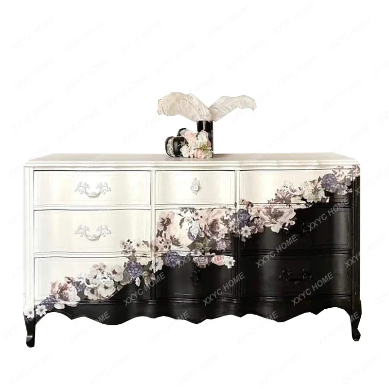 

A light luxury retro flower painted porch cabinet solid wood oak hand-carved display cabinet living room