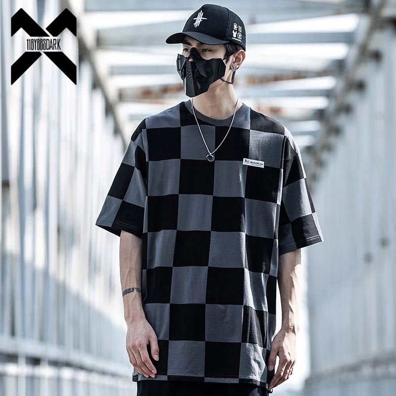 Hip Hop Plaid T-shirt Men 2022 Summer Creative Print Tactical Tshirts Loose T Shirts Tees Tops Black Streetwear WB696