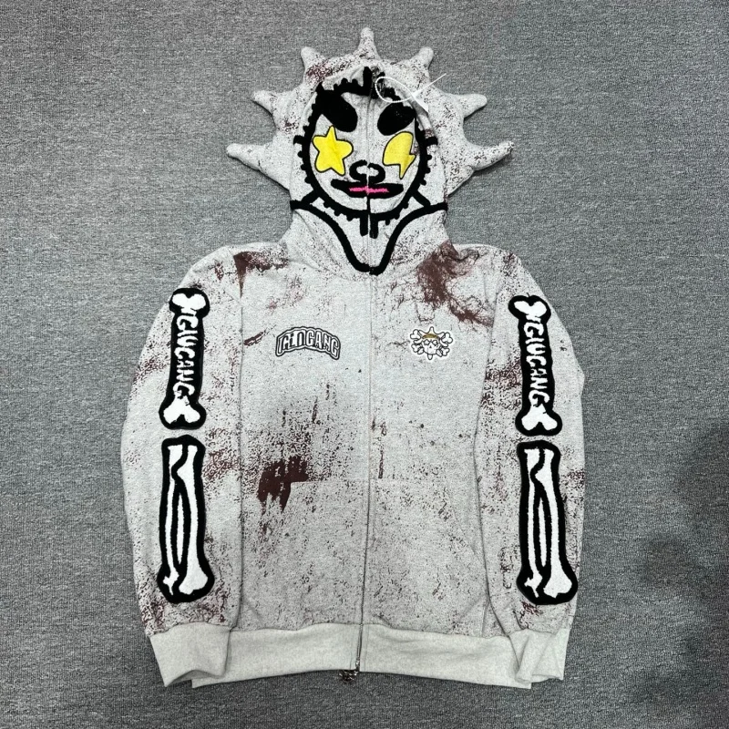 Heather Grey Washed Zip Up Hoodie Spiky Hood Skull Thorn Patch Bone Embroidery Street Jacket