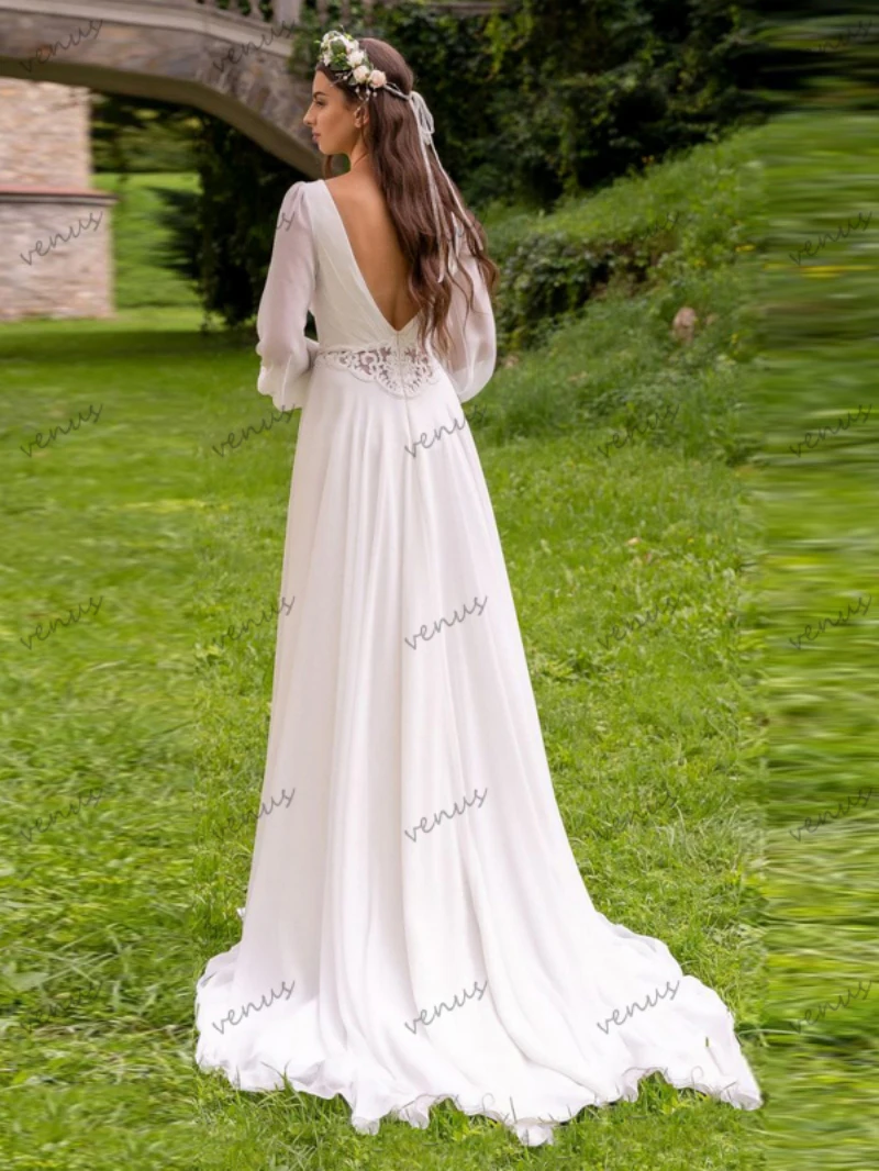 Robe de mariée bohème en mousseline de soie, robes de longueur au sol, robes à manches longues bouffantes, quelque soit le patient, dentelle appliquée, vintage, éducatif, 2024