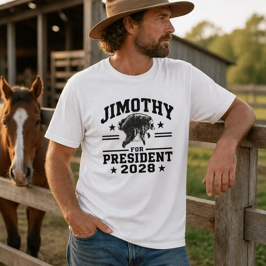 JIMOTHY for President USA 2028 Viral Raccoon Meme T-Shirts for Men Pure Cotton Tees Round Collar Short Sleeve T Shirts