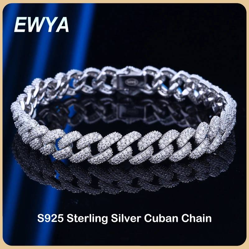 EWYA S925 Sterling Silver Plated 18K Gold Cuban Bracelet for Women Men High Carbon Zircon Diamond Bracelets Hip Hop Link Chain