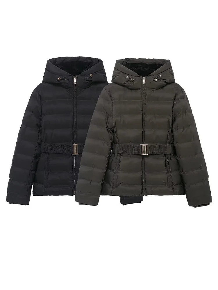 HH Women Winter Warm Windproof Hooded Thick Jacket Slim Casual Short Coats Woman Fashion Long Sleeves Belt Zipper Loose Outwear