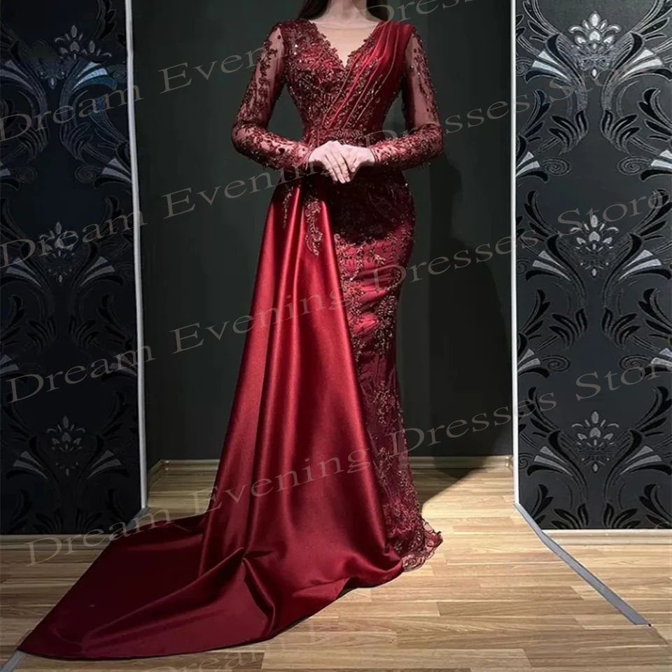 Classic Generous Red Women's Mermaid Simple Evening Dresses Lace Appliques Sexy V Neck Prom Gowns Long Sleeve Robes De Soirée