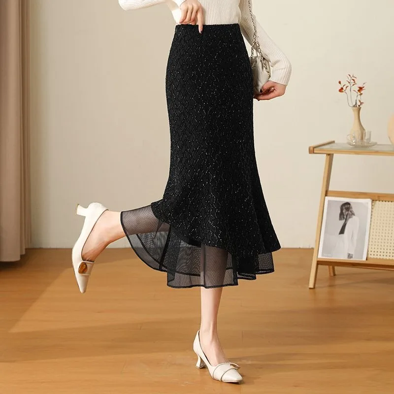 향기로운 피쉬테일 스커트 밝은 실크 신상 하이웨이스트 슬림핏 미디 기장 원피스 힙 스커트