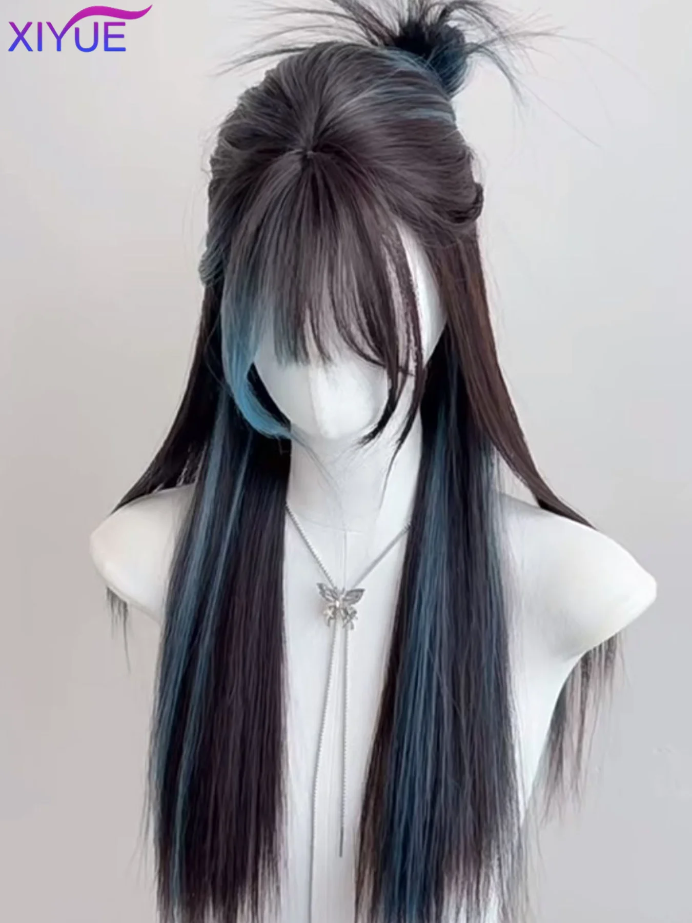 Long Straight Synthetic Wigs Black Light Blue with Ash Highlight Cosplay Wig with Bangs for Women Natural Hair Heat Resistant