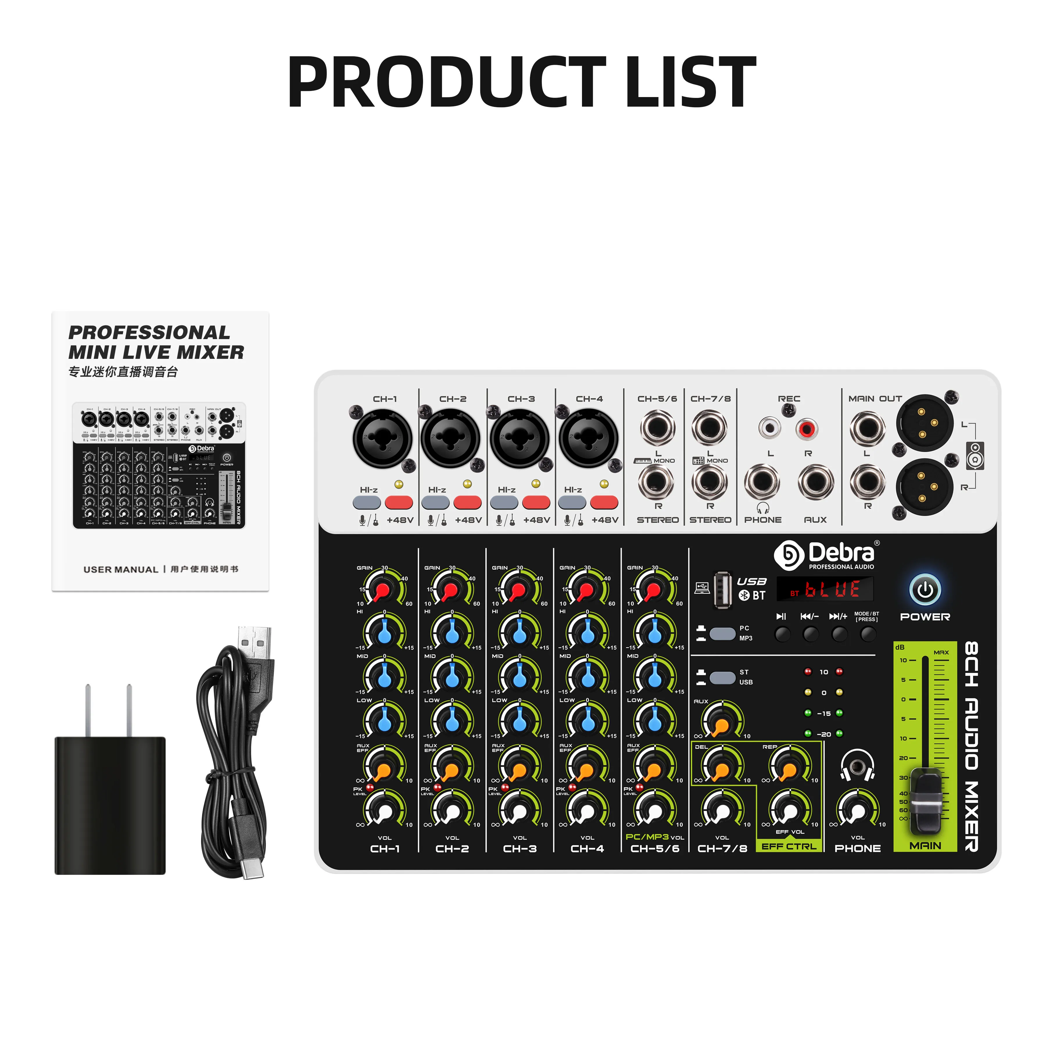 V8 Mini 8-Kanal USB Audio Mixer Konsole mit Blue Tooth Connect Audio Sound Mischpult DJ Mixer Controller