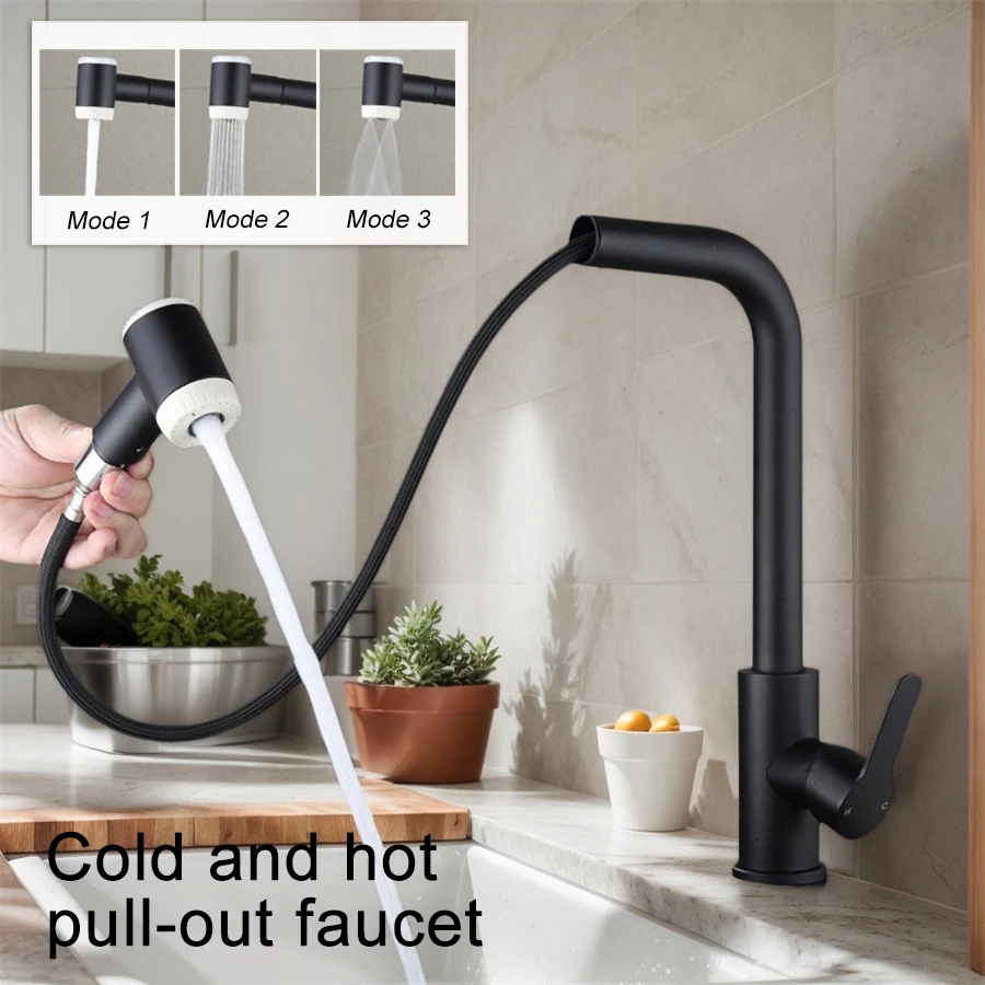 

Pull-Out Retractable Spray Head Hot and Cold Mixer Faucet Matte Black 360 ° Rotating Three-Speed Water Output Modes: Bubble/Shower/Powerful Scrubbing, Gravity Hammer Recycling, Suitable for Kitchen and Balcony Single-Hole Countertop Installation Sinks.