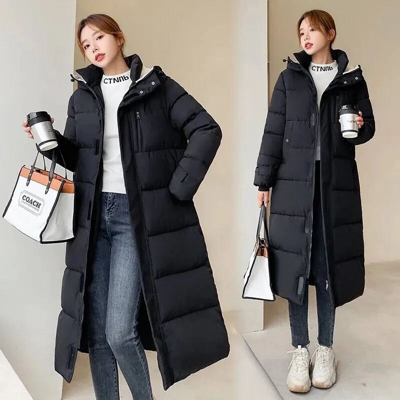 Women Parkas Coats Hooded Jackets Solid Pocket Zipper Long Sleeves Thick Slim Fit Wide Waist Elegant Casual 2025 Autumn Winter