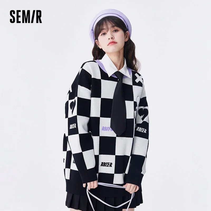 

Semir Women Sweater Autumn New Mid-length Oversize Checkerboard Pullover Rabbit Embroidery Jacquard Sweater for Women