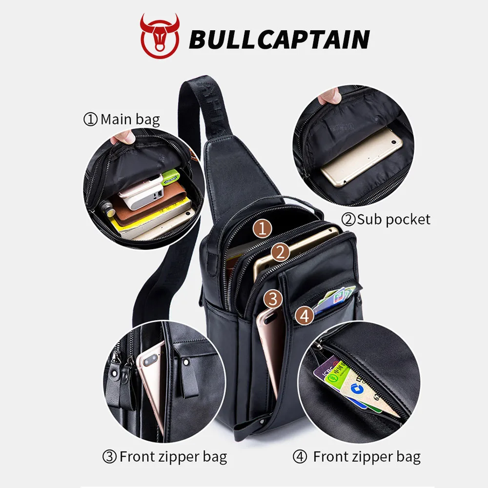 BULLCAPTAIN Genuine Leather Men's Chest Bag Multi Function Bag Can Accommodate 7.9 Inch IPai Pocket Fashion Men's Crossbody Bag view 3