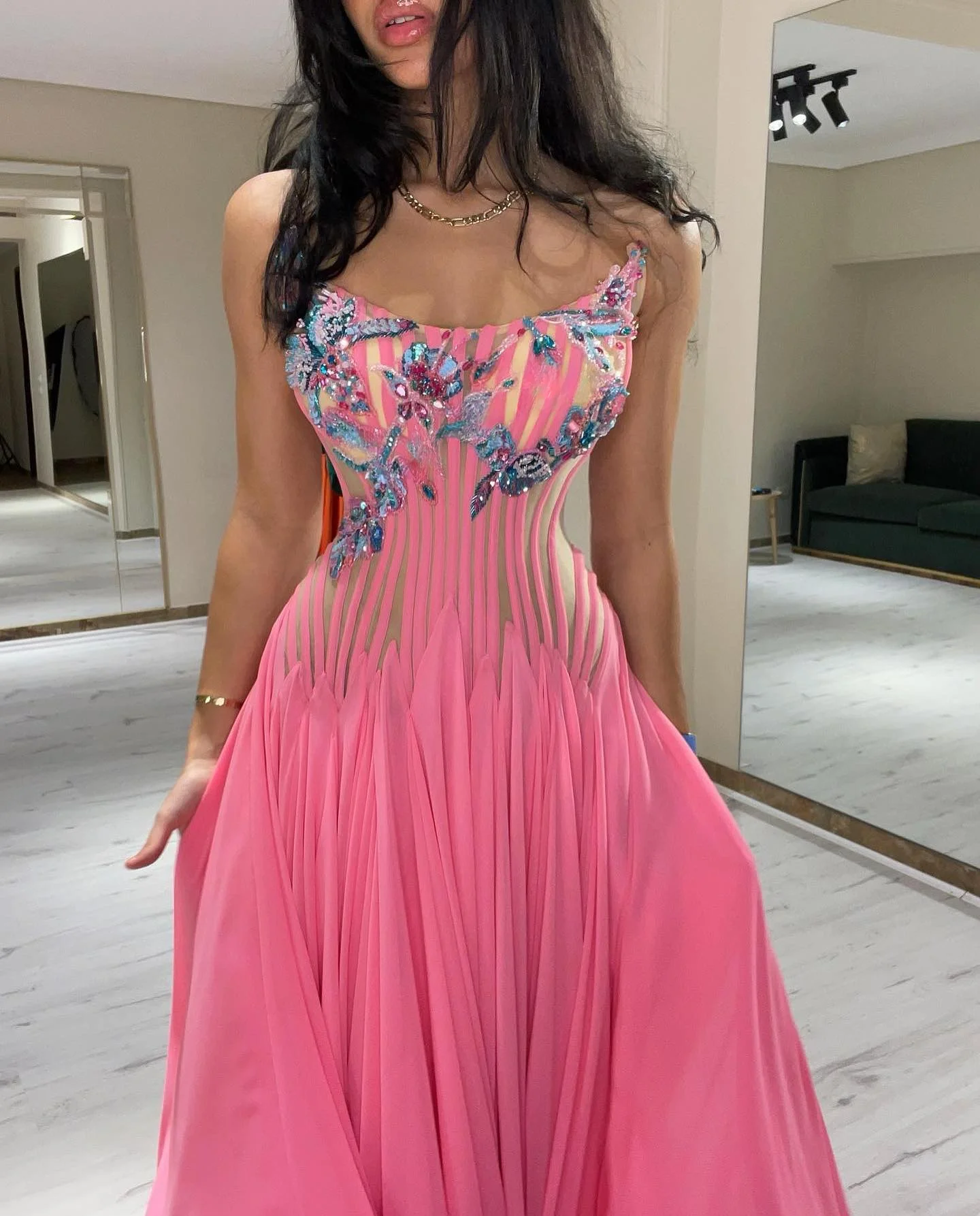 CustomizedProm  Dresses Scoop Neck A Line Sleeveless Pink Beads Formal Occasion Evening Gowns Vestidos Elegantes Para Mujer