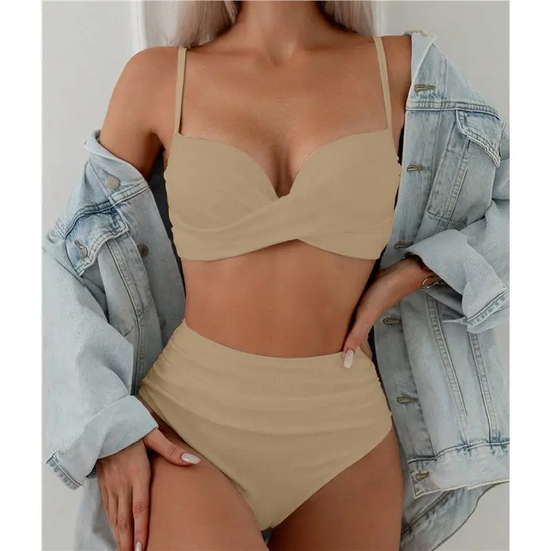 AS98-Damen 2-teiliges Bikini-Set mit Spaghettiträgern, hohem Beinausschnitt, Push-up und Bügel-Badeanzug