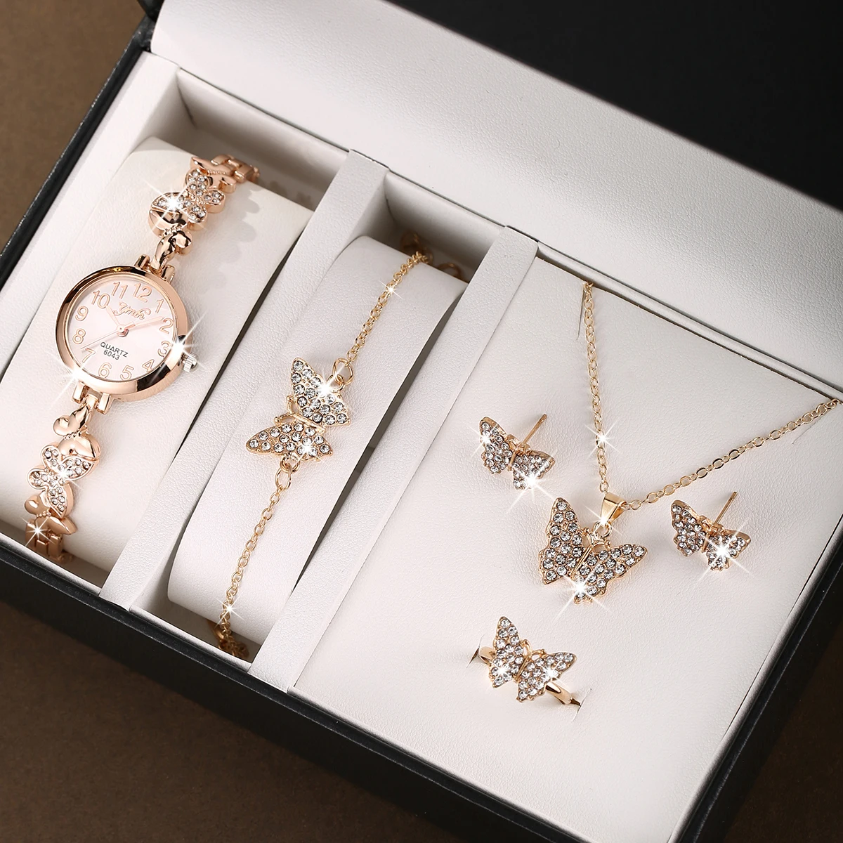 6pcs new women's diamond studded butterfly trendy and versatile high aesthetic value crystal bracelet watch quartz watch