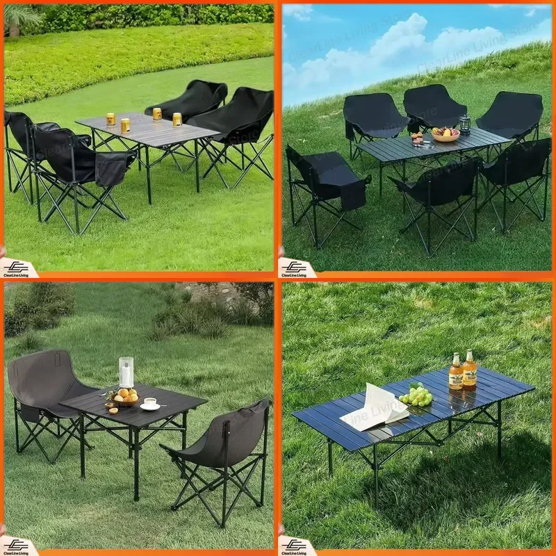 Upgraded Thickened Outdoor Folding Table and Chair Set Portable Camping Egg Roll Table Moon Chair for Picnic Stall Foldable
