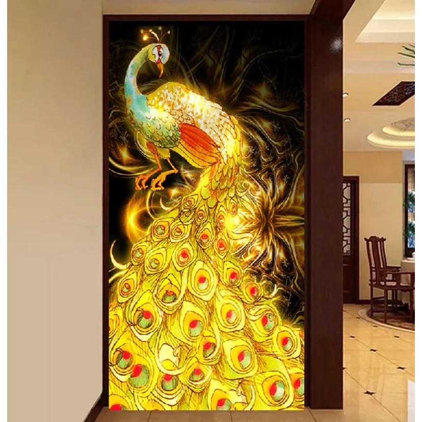 DIY full Diamond Embroidery,Round Diamond Entrance 5D Golden phoenix peacock Living room decoration rhinestone Diamond painting