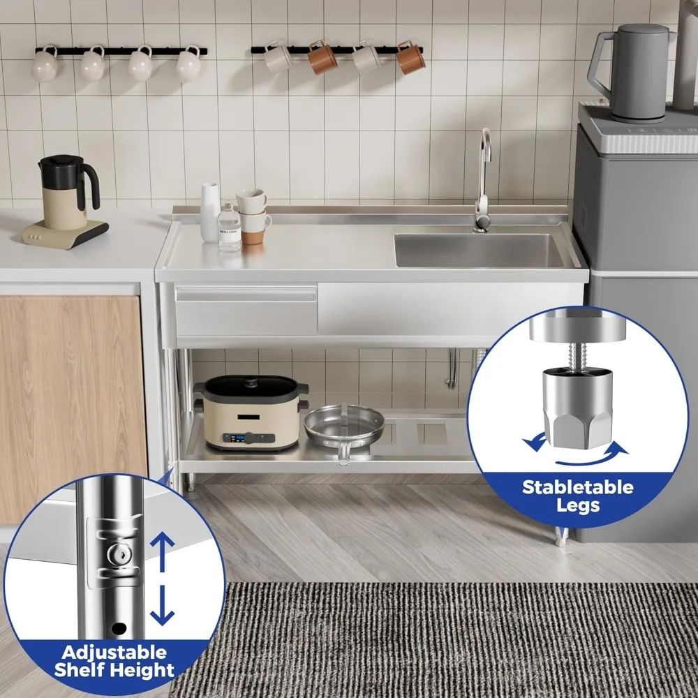 حوض المرافق عالي الجودة من الفولاذ المقاوم للصدأ، وعاء واحد قائم بذاته، حوض المطبخ التجاري مع منضدة ورف تخزين،