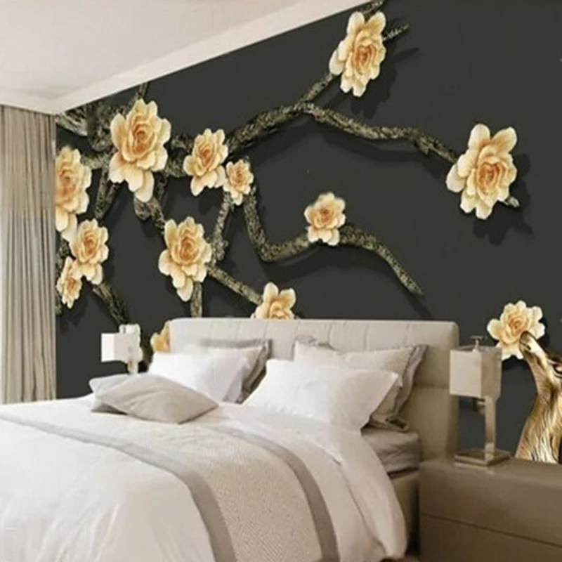 MU9097 Custom Wall Murals Wallpaper Modern and elegant three-dimensional flower branches falling flowers reindeer relief decor