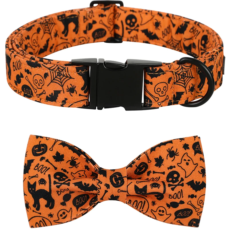 Engraved Unique Style Paws Halloween Dog Collar with Bow Autumn Dog Collar and Flower Pet Dog Collar Large Medium Small Dog