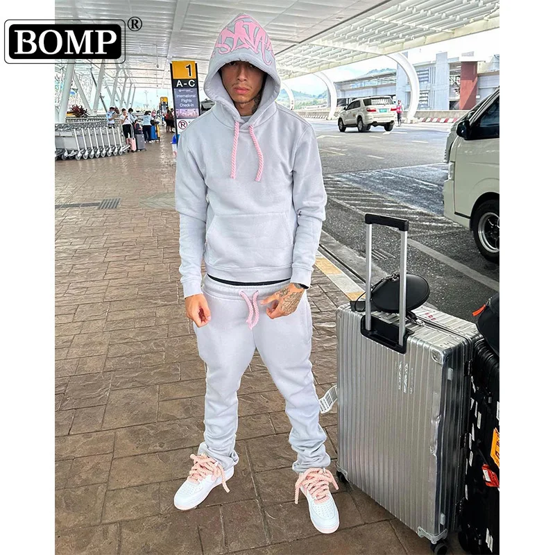 

[BOMP] 2024 Autumn Men Drill Style American Street Hip Hop Hoodie with Velvet Hoodie Men's Trendy Loose Sport Set New Fashion