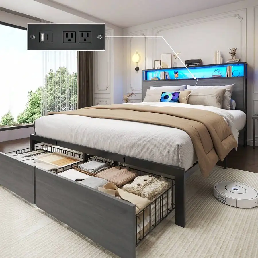 Queen & Full Bed Frame With Storage, 2-Tier Storage Headboard & Built-In Drawers, Metal Platform Bed With USB Charging Station & LED Lights, Noise Free, No Box Spring Needed, Easy Assembly,Rustic Grey - view 4
