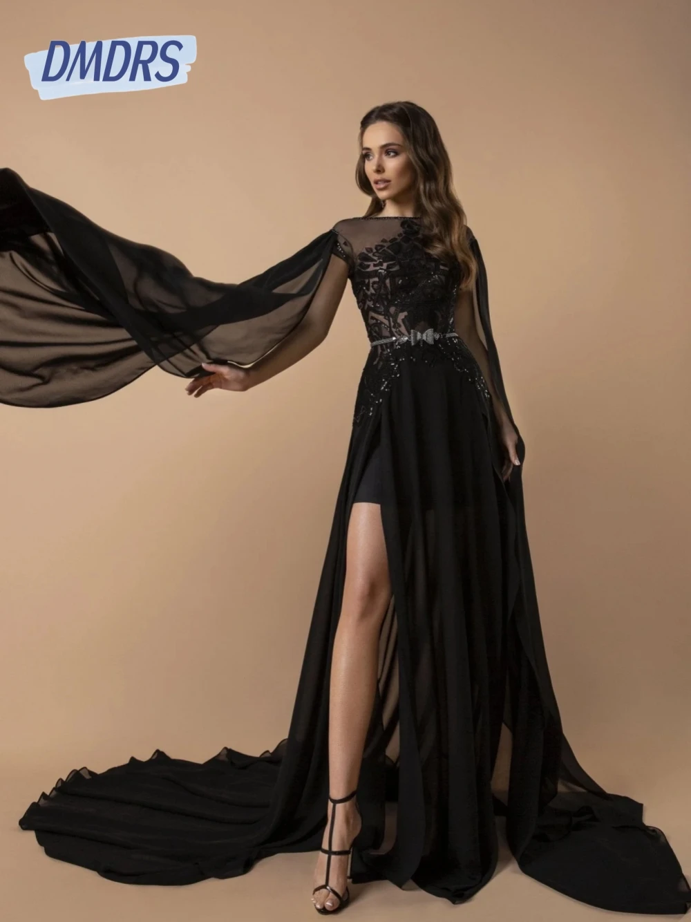

Glamorous Black Chiffon Gothic Evening Dress Sexy Side Slit Prom Gown Of Mother Beaded Bodice Customized For Formal Party