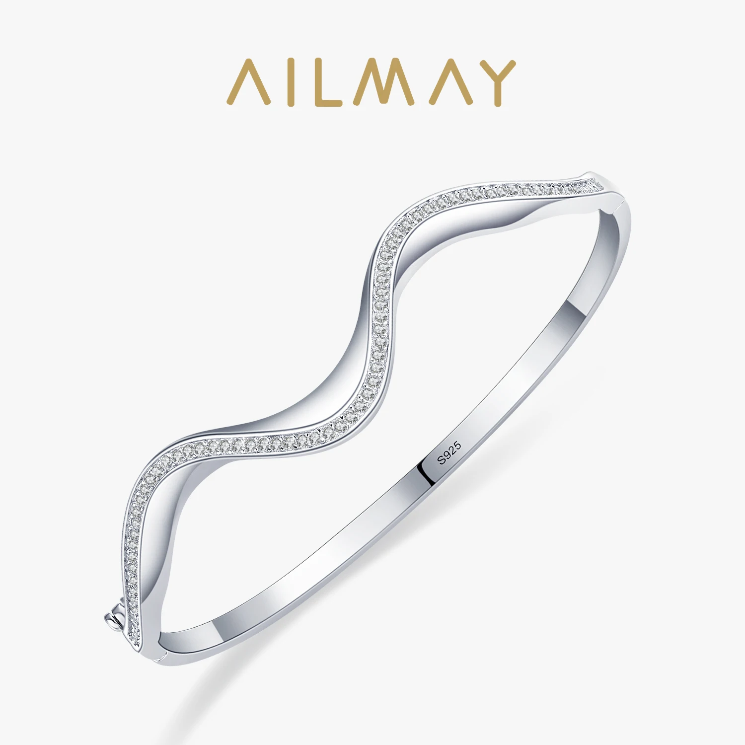 Ailmay Solid 925 Sterling Silver Irregular New Fashion Simple Wave Line Bracelets Clear Zircon Europe Wedding Engagement Jewelry