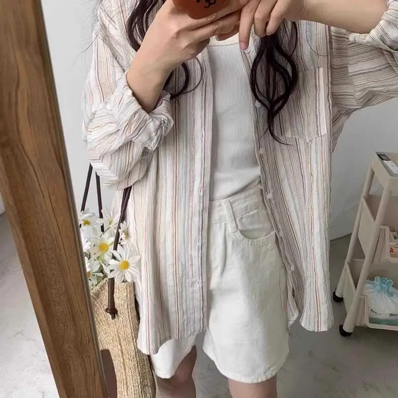 Été nouveau lin Long Sve femmes irt vêtements d'extérieur Protection solaire printemps automne haute rayure coton lin correspondant irt