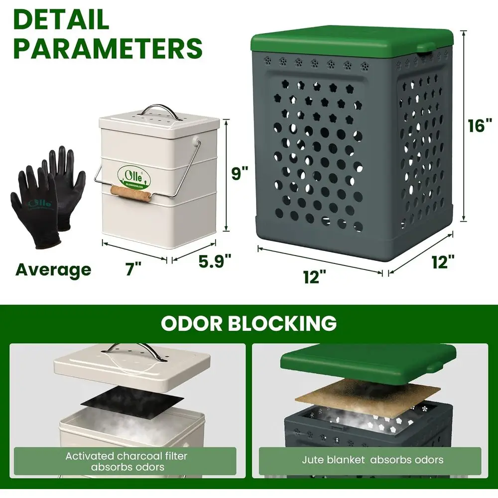 مكون مطبخ سعة 1 جالون مع غطاء وصندوق دودة سعة 8 جالون، وقفازات حديقة وبطانية من الجوت متضمنة - كومبسولة داخلية/خارجية مدمجة #2