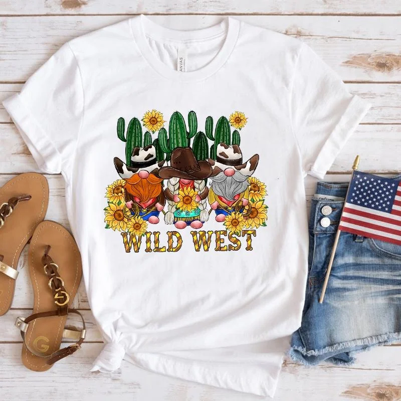 Fashion Sunflower Wild West Gnome Printed T-Shirts Retro Style Women Shirt Tee Female Casual Top Cool Summer Short Sleeve