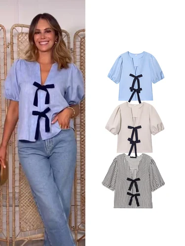 TFMLN-Camiseta informal de manga corta abombada con cuello de pico para mujer, Tops holgados con decoración de lazo dulce, ropa de calle elegante a la moda 2025