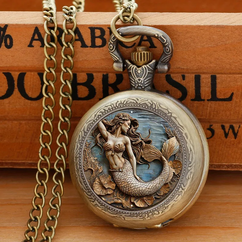 Vintage Cool Pocket Watch Mermaid Elegant Exquisite Clock With Necklace Chain Lovers Masculino Relogio Best Gift Pendant Small