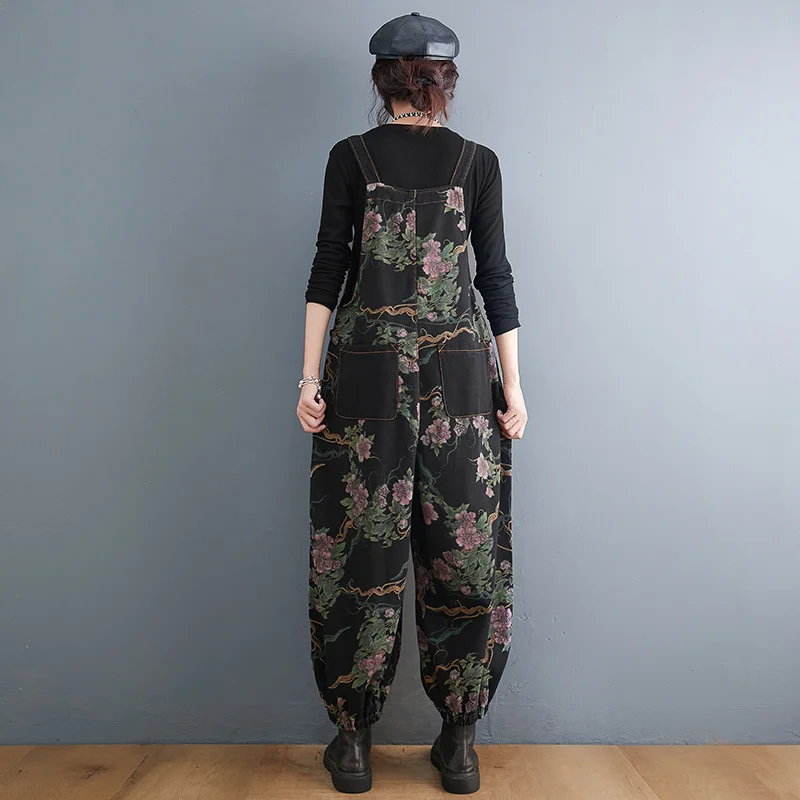 #1434 Floral Printed Jeans Jumpsuit Rompers Womens With Big Pockets Vintage Overalls For Women Loose Spring Autumn Jumpsuits