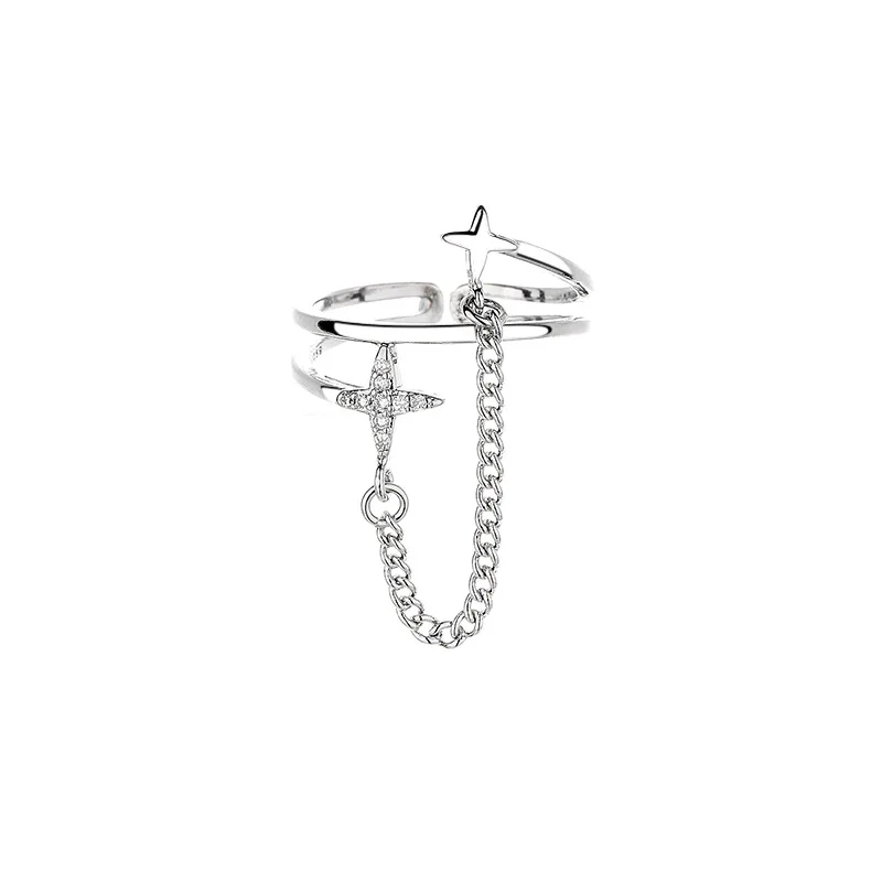 PANJBJ 925 Sterling Silber Vierzackiger Stern Glänzender Zirkon-Ring Hochwertiger Personalisierter Verstellbarer Schmuck – Detail 21