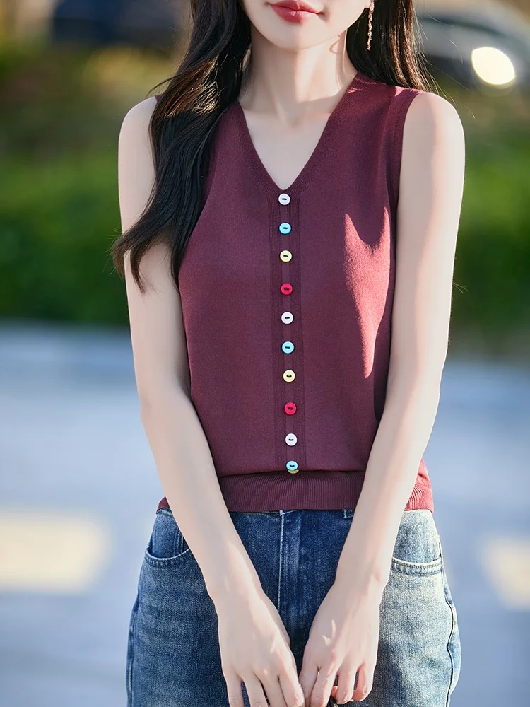 เสื้อกั๊กไหมน้ำแข็งถักทรงวี แขนกุด ทรงหลวม ช่วยพรางหุ่น สำหรับผู้หญิง ฤดูใบไม้ผลิ/ฤดูร้อน 2025 แฟชั่น ทันสมัย ใช้ได้หลากหลาย เหมาะกับการเดินทาง สีพื้น