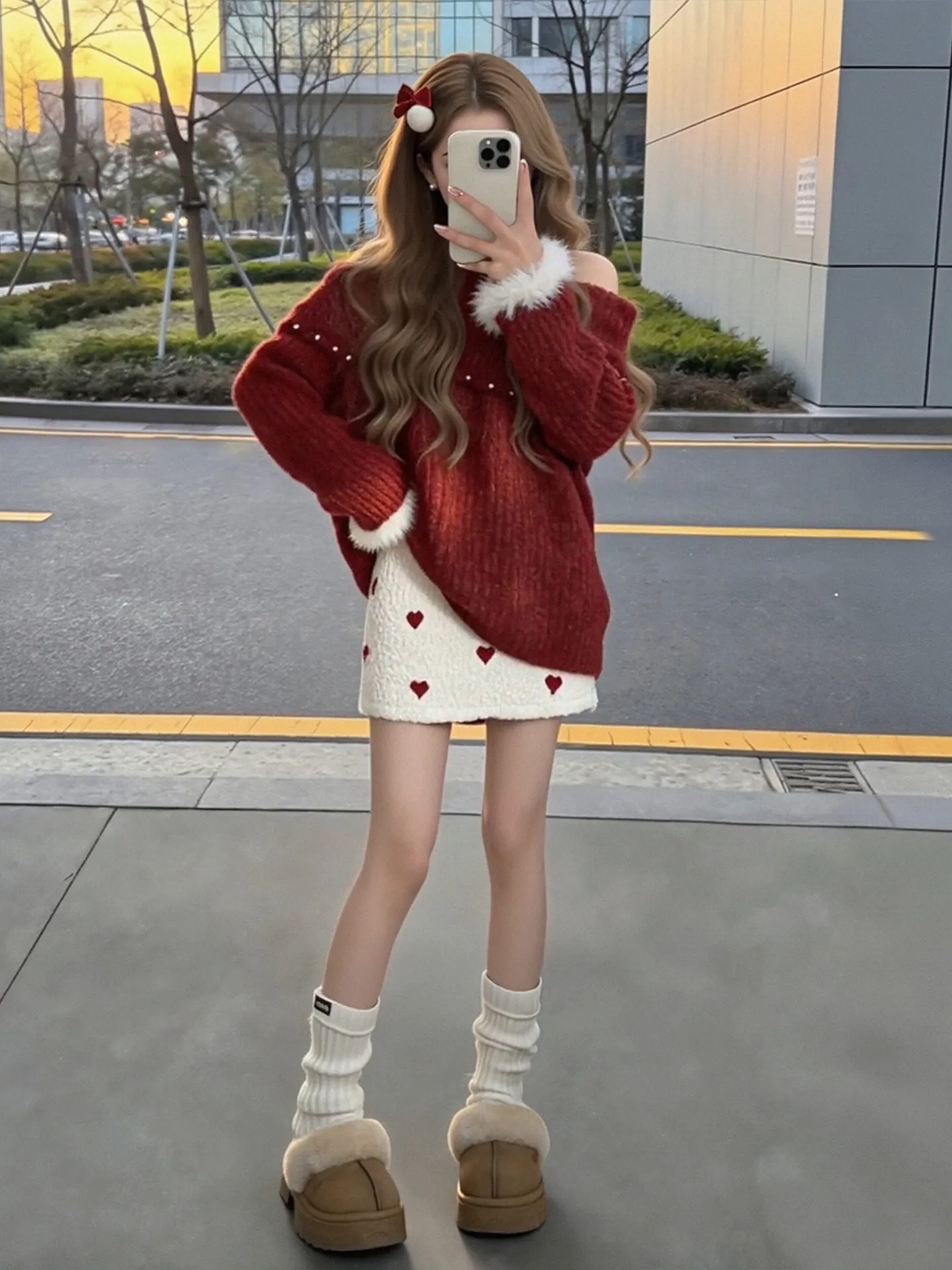 

Winter Faion plus Size Women's Knitted Sweater And ort Skirt Two Piece Set in New Year Red Casual Loose Fit Comfortable