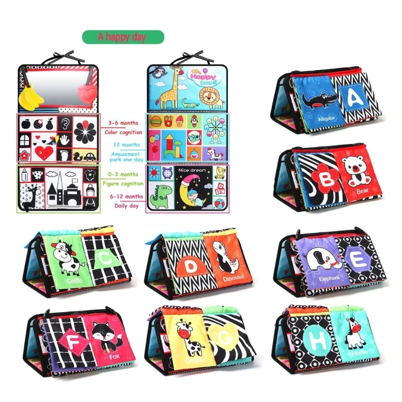 Tummy Time Mirror Baby Book with Teether, High Contrast Montessori Sensory Toy