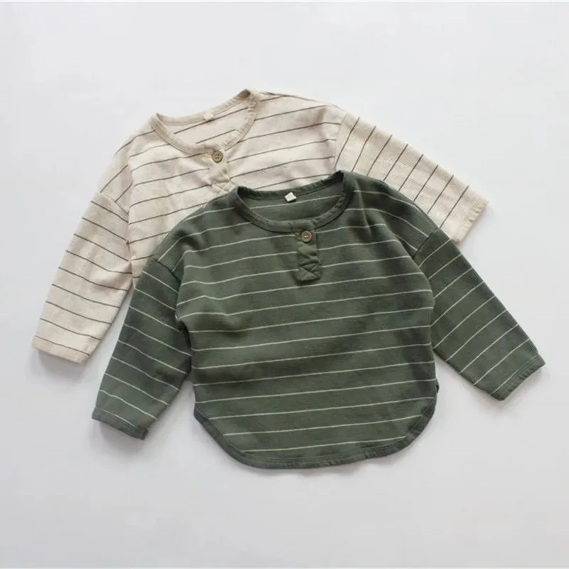 

2025 Spring Korean Style Baby Boys Striped T-shirts Round Neck Long Sleeve Unisex Kids Tops Children Casual Tees